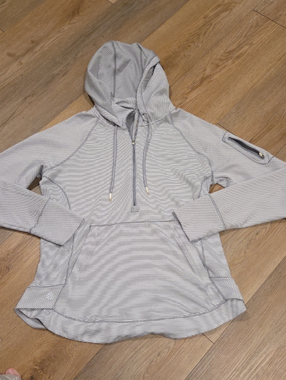 Athleta Light Gray Striped Half-Zip Hoodie